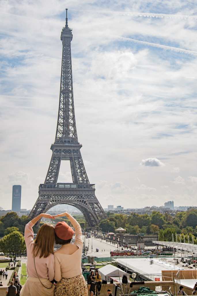 Skolerejser til Paris. Eiffel tårnet. To veninder der står sammen 